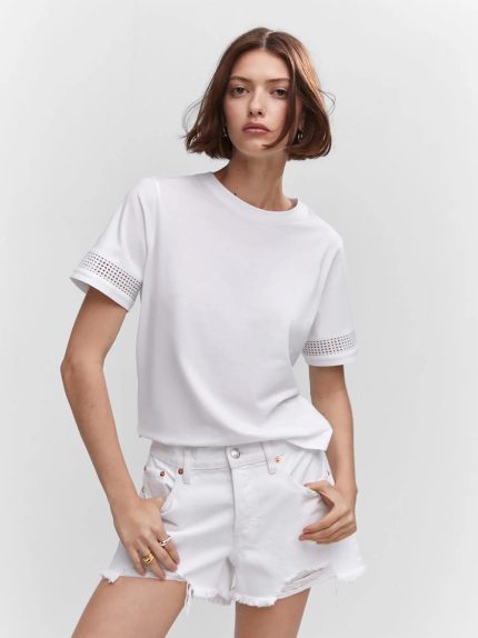 Women Solid Polo Neck Cotton Blend White T-Shirt